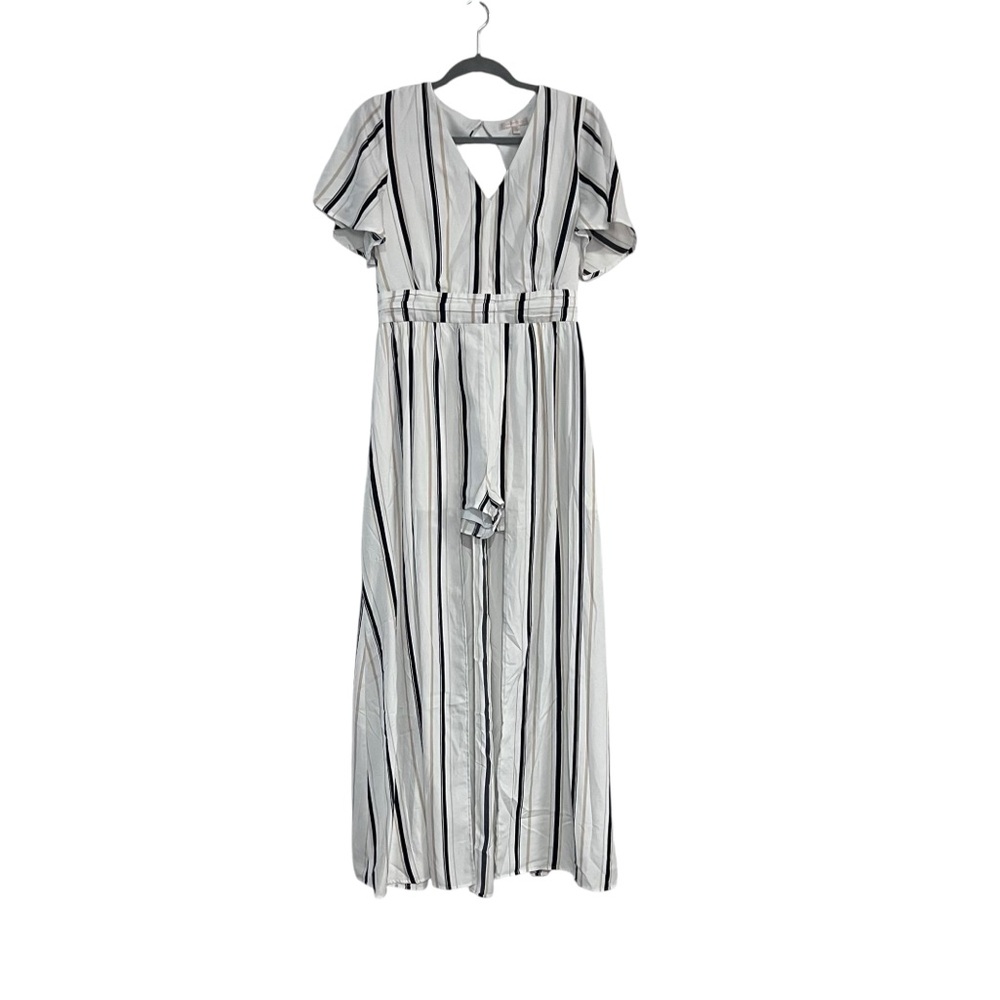 Skies Are Blue White Black and Tan Striped Romper with Maxi Skirt